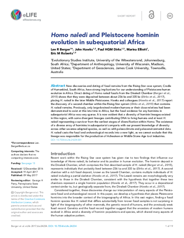 (PDF) Homo naledi and Pleistocene hominin evolution in subequatorial Africa