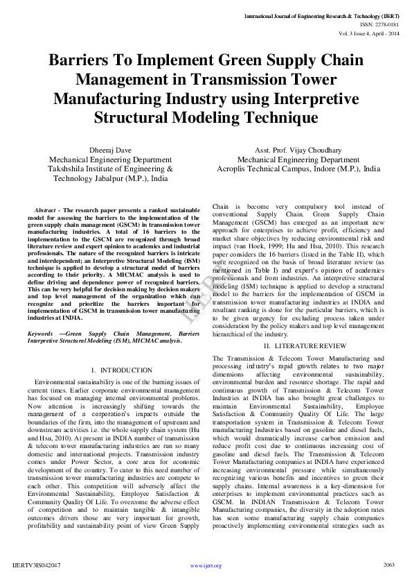 (PDF) IJERTBarriers To Implement Green Supply Chain Management in