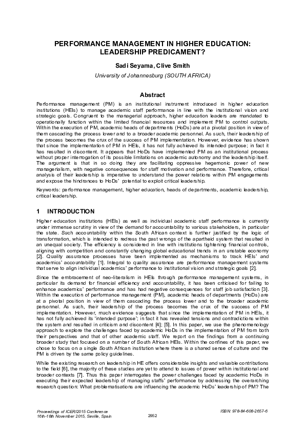 (PDF) PERFORMANCE MANAGEMENT IN HIGHER EDUCATION: LEADERSHIP PREDICAMENT