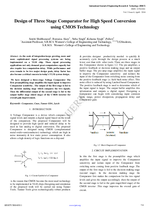 (PDF) IJERTDesign of Three Stage Comparator for High Speed Conversion