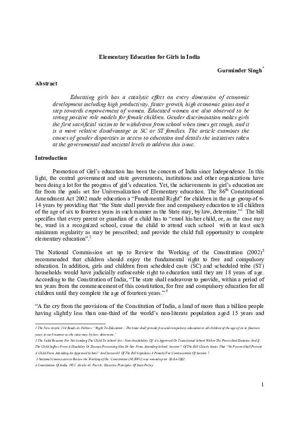 (PDF) Elementary Education for Girls in India