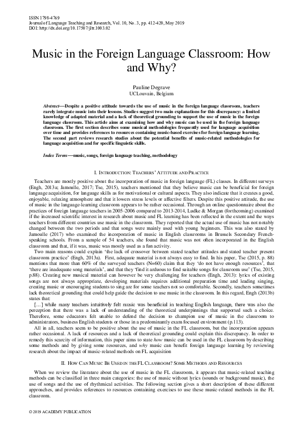 (PDF) Music in the Foreign Language Classroom: How and Why?