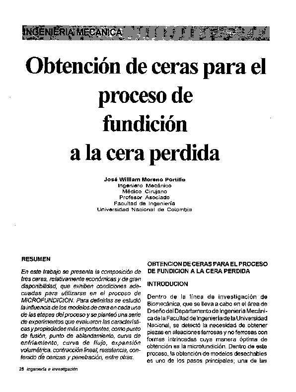 (PDF) Obtención de ceras para el proceso de fundición a la cera perdida (PDF) Obtención de ceras para el proceso de fundición a la cera perdida