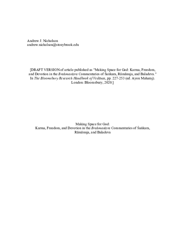 First page of “Making Space for God: Karma, Freedom, and Devotion in the Brahmasūtra Commentaries of Śaṅkara, Rāmānuja, and Baladeva”
