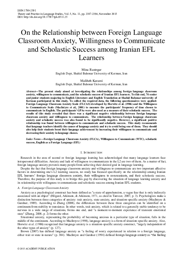 (PDF) On the Relationship between Foreign Language Classroom Anxiety ...