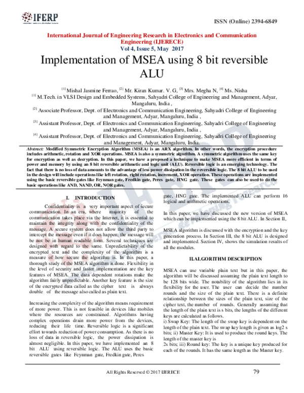 (PDF) Implementation of MSEA using 8 bit reversible ALU