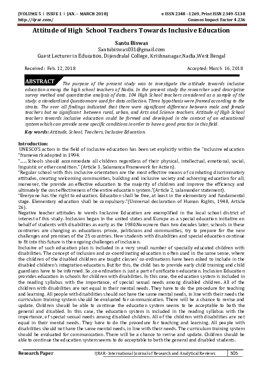 (PDF) Attitude of High School Teachers Towards Inclusive Education