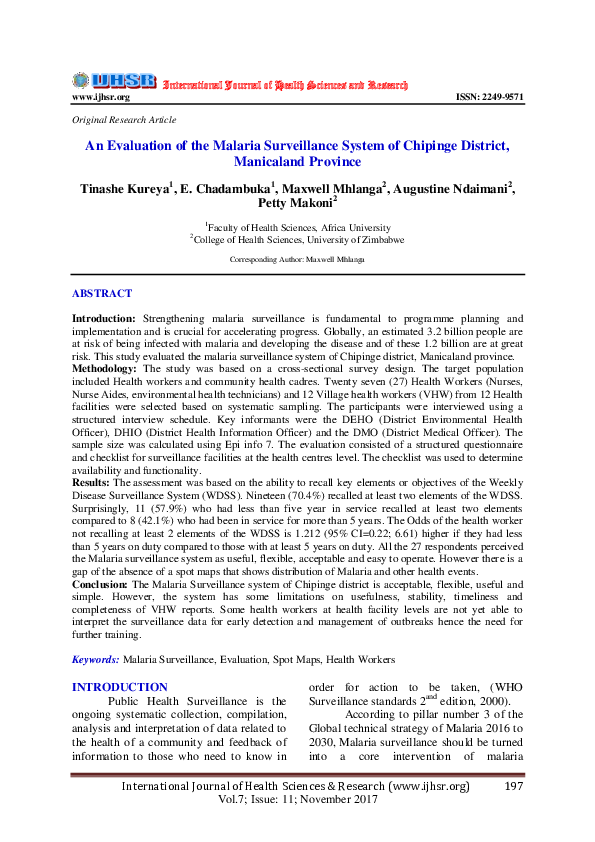 (PDF) An Evaluation of the Malaria Surveillance System of Chipinge