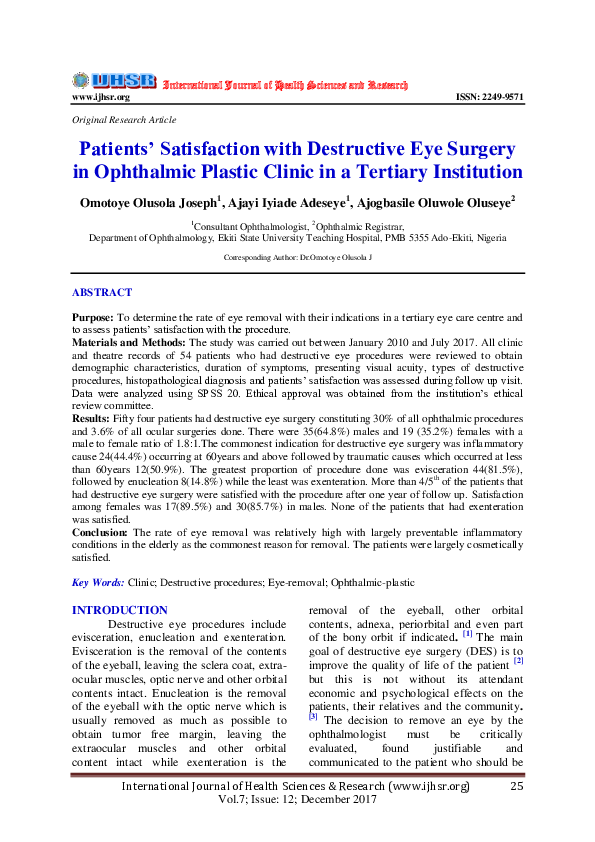 (PDF) Patients' Satisfaction with Destructive Eye Surgery in Ophthalmic ...