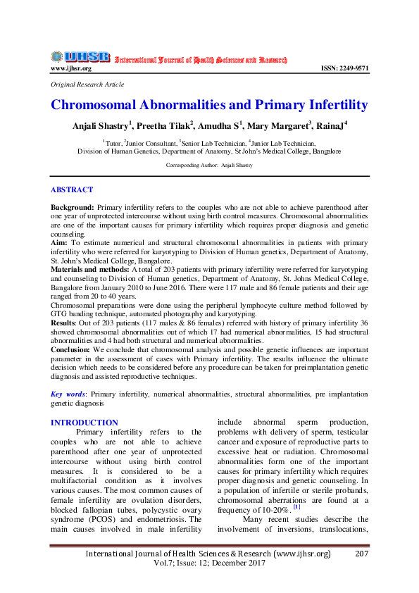 (PDF) Chromosomal Abnormalities and Primary Infertility