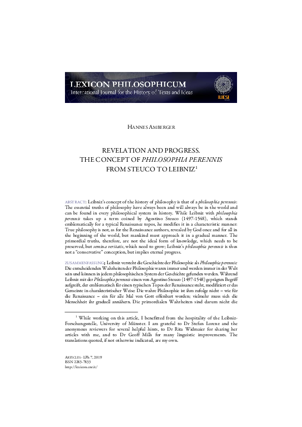 Pdf Revelation And Progress The Concept Of Philosophia Perennis From Steuco To Leibniz Hannes Amberger Academia Edu