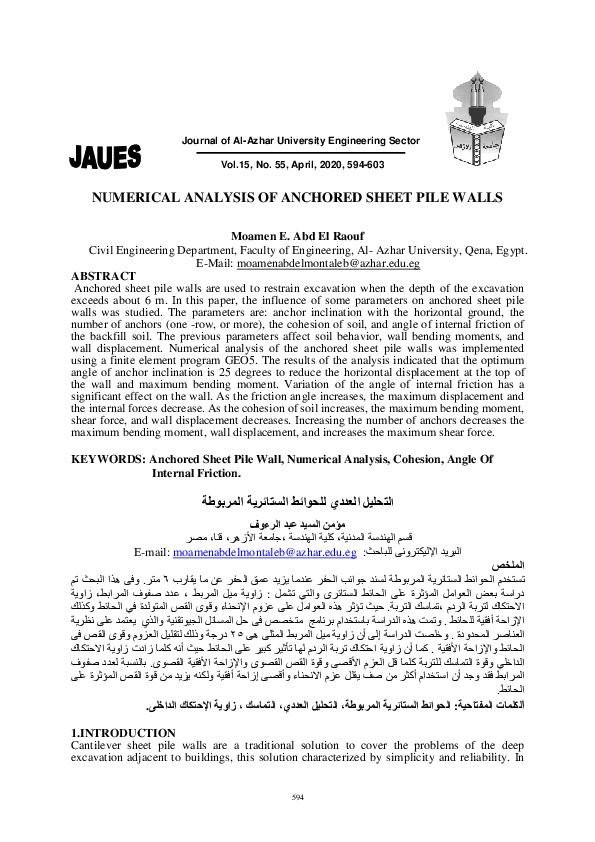 Pdf Numerical Analysis Of Anchored Sheet Pile Walls Moamen E Abd El Raouf Academia Edu