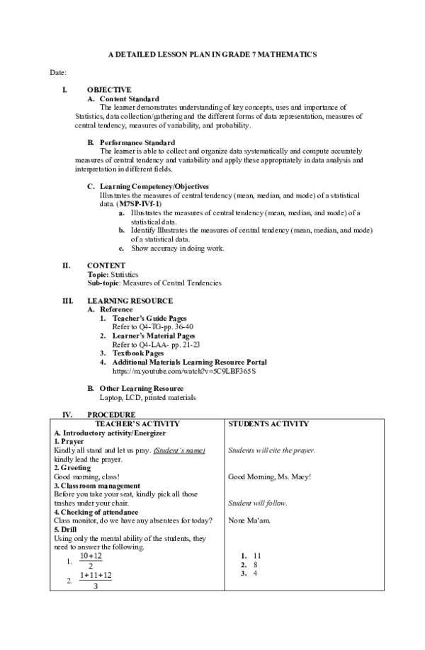 DOC A DETAILED LESSON PLAN IN GRADE 7 MATHEMATICS Date Macy Bayani DOC A DETAILED LESSON PLAN IN GRADE 7 MATHEMATICS Date Macy Bayani
