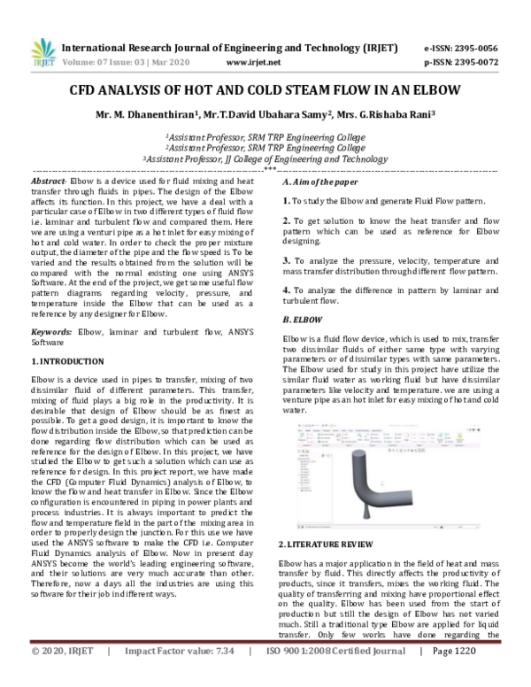(PDF) IRJET- CFD ANALYSIS OF HOT AND COLD STEAM FLOW IN AN ELBOW