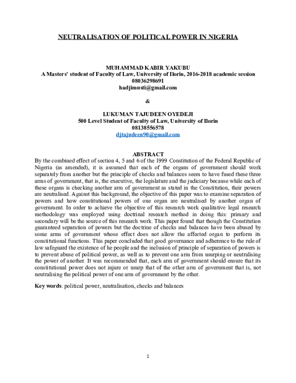 (DOC) NEUTRALISATION OF POLITICAL POWER IN NIGERIA
