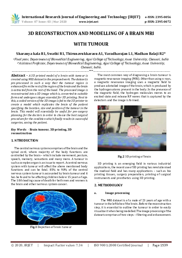 (PDF) IRJET- 3D RECONSTRUCTION AND MODELLING OF A BRAIN MRI WITH TUMOUR