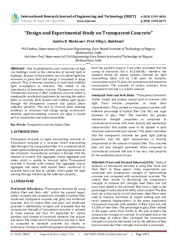 (PDF) IRJET- "Design and Experimental Study on Transparent Concrete"