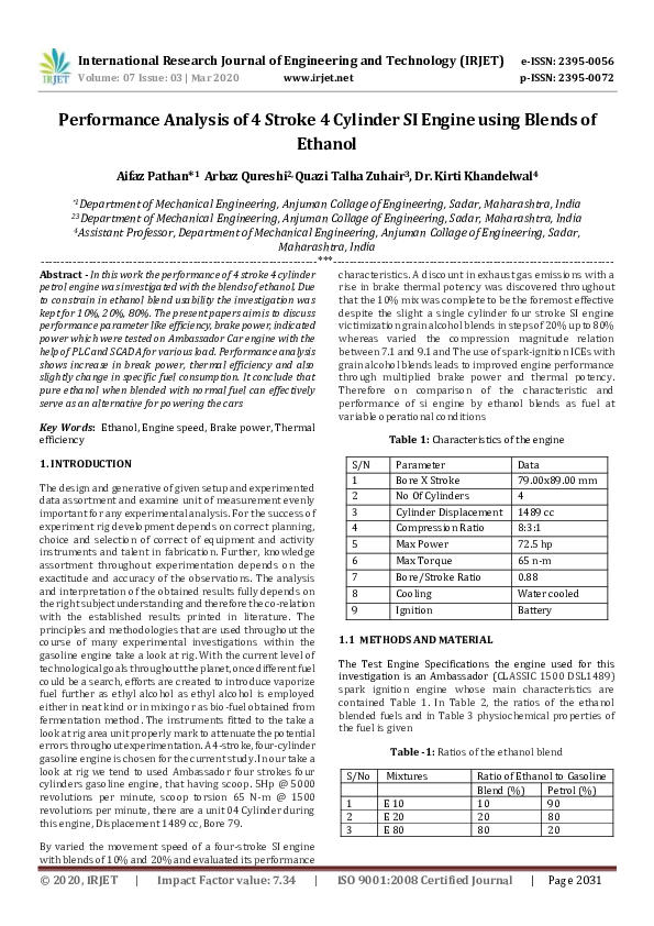 (PDF) IRJET- Performance Analysis of 4 Stroke 4 Cylinder SI Engine ...