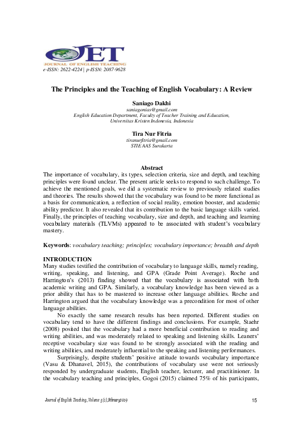 (PDF) The Principles and the Teaching of English Vocabulary: A Review