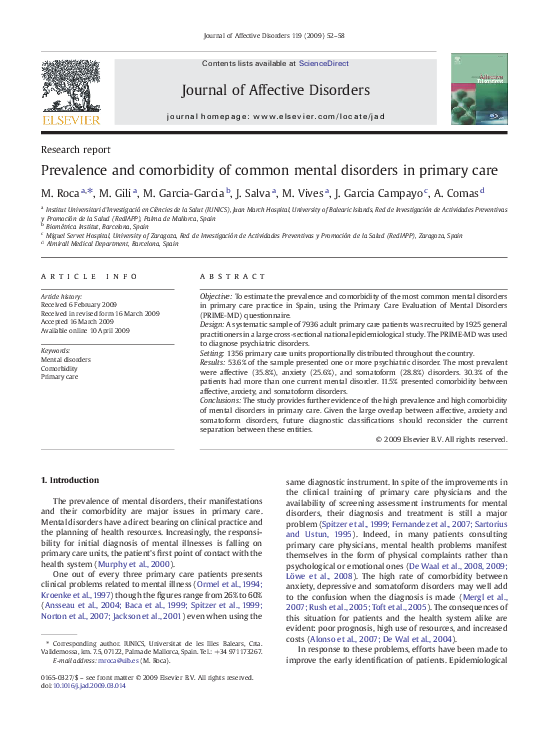 (PDF) Prevalence and comorbidity of common mental disorders in primary care