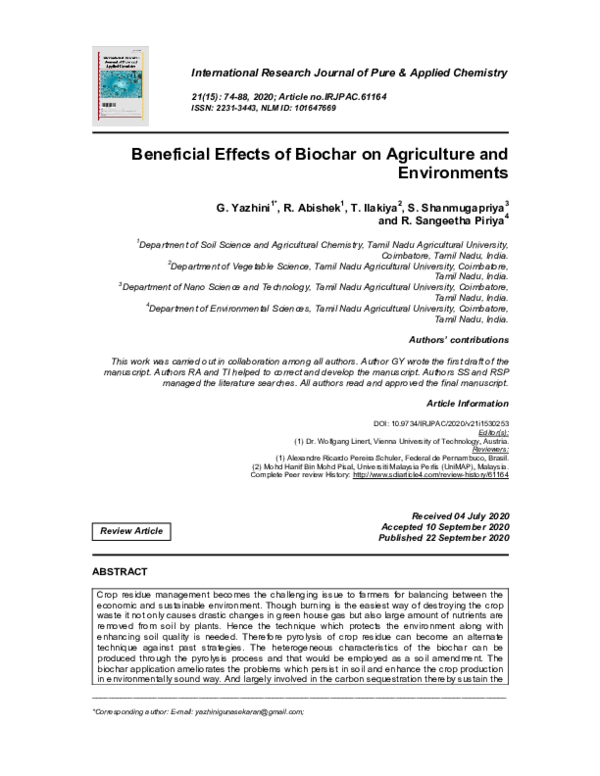 (PDF) Beneficial Effects of Biochar on Agriculture and Environments