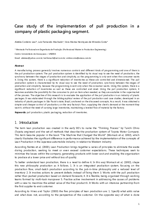 (PDF) Case study of the implementation of pull production in a company ...