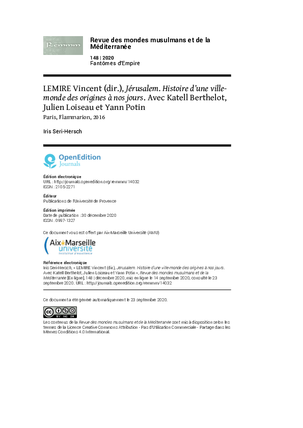 (PDF) Compte-rendu: LEMIRE Vincent (dir.), Jérusalem. Histoire d’une ...