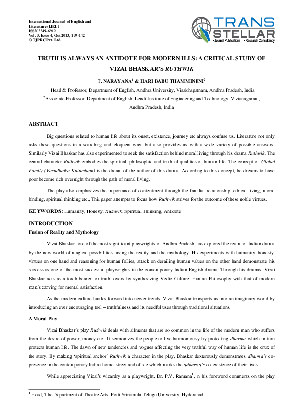 (PDF) TRUTH IS ALWAYS AN ANTIDOTE FOR MODERN ILLS A CRITICAL STUDY OF