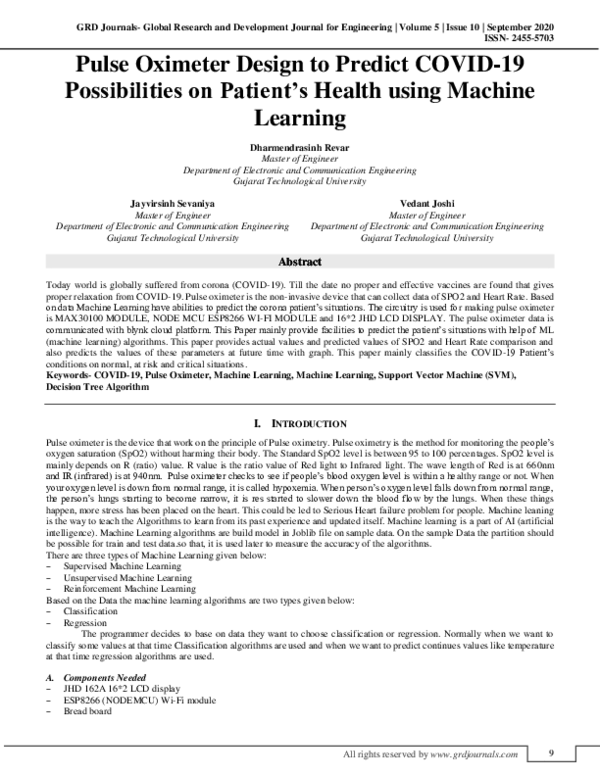 (PDF) Pulse Oximeter Design to Predict COVID19 Possibilities on