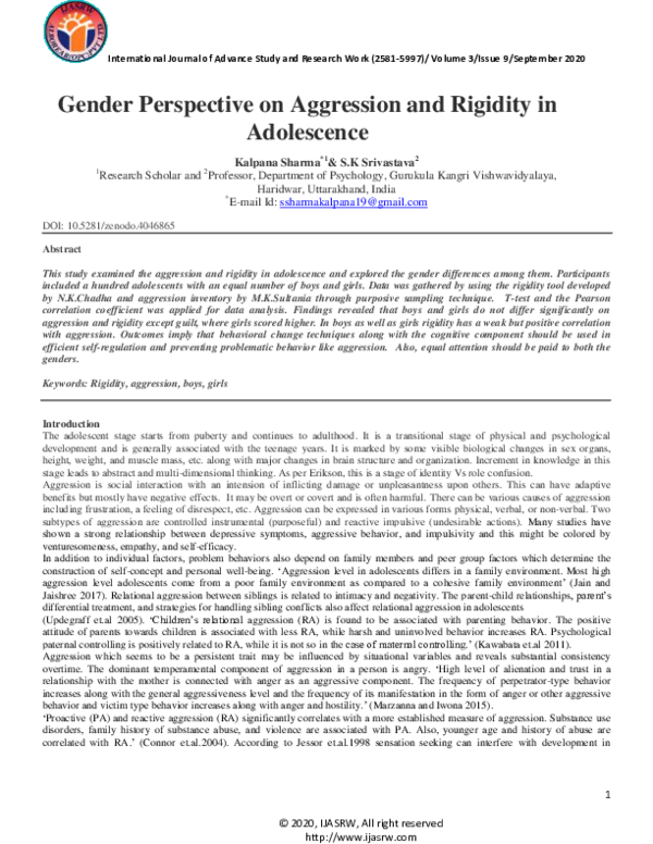 (PDF) Gender Perspective on Aggression and Rigidity in Adolescence