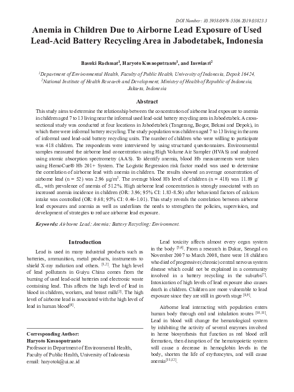 (PDF) Anemia in Children Due to Airborne Lead Exposure of Used Lead