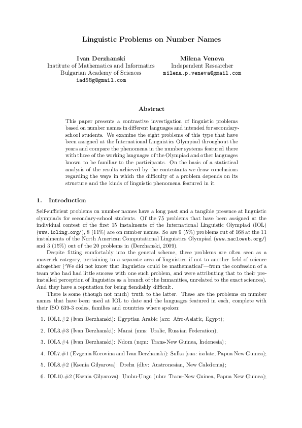 (PDF) Linguistic Problems on Number Names