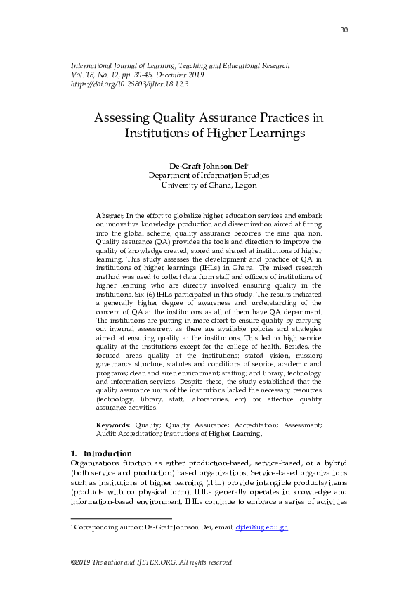 (PDF) Assessing Quality Assurance Practices in Institutions of Higher ...