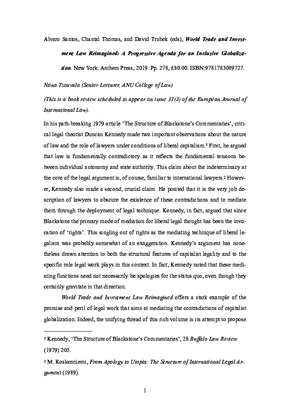 Book Review- World Trade and Investment Law Reimagined: A Progressive Agenda for an Inclusive Globalization