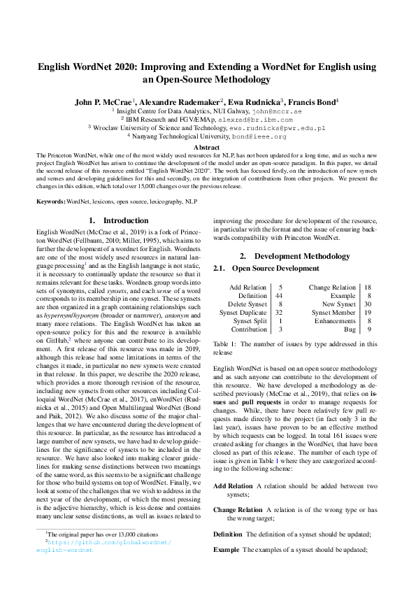 (PDF) English WordNet 2020: Improving and Extending a WordNet for ...