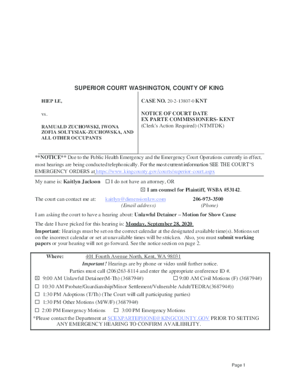 PDF) The games courts play!!! King County Superior Court - Le v. Zuchowski  - Ex Parte Order to Show Cause why writ of restitution should not be  granted evicting the Zuchowskis |