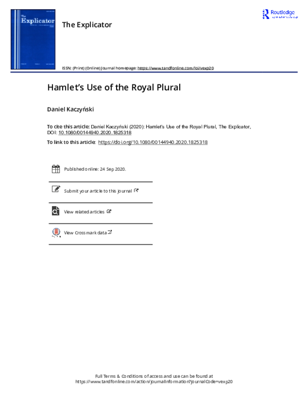 (PDF) Hamlet's Use of the Royal Plural (The Explicator 78.3-4 (2020 ...