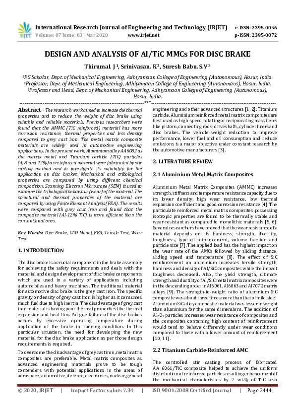 (PDF) IRJET- DESIGN AND ANALYSIS OF Al/TiC MMCs FOR DISC BRAKE