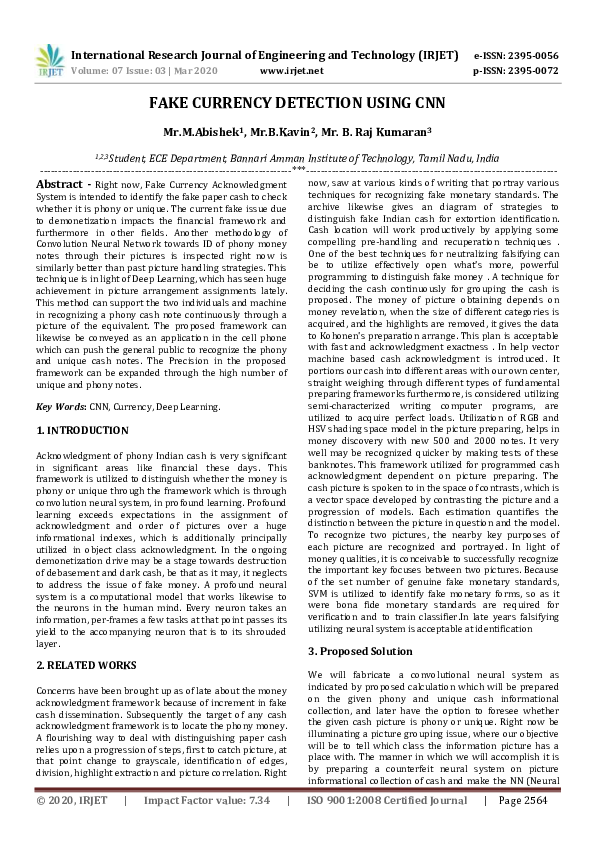 (PDF) IRJET FAKE CURRENCY DETECTION USING CNN IRJET Journal