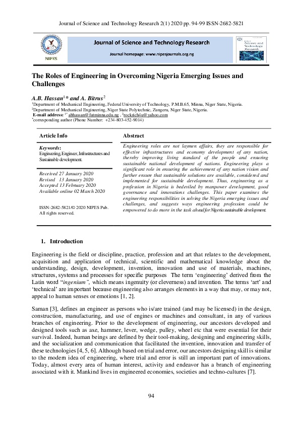 (PDF) The Roles of Engineering in Overcoming Nigeria Emerging Issues ...