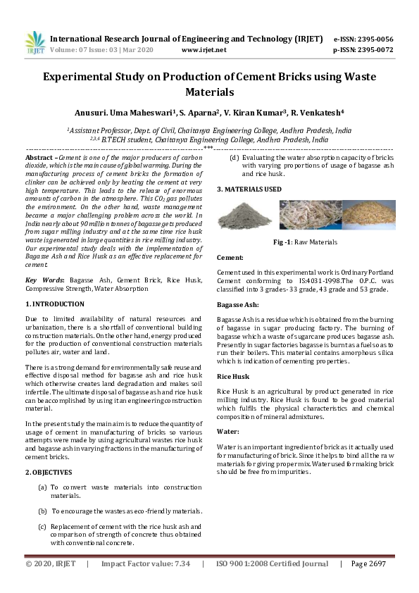 (PDF) IRJET- Experimental Study on Production of Cement Bricks using ...