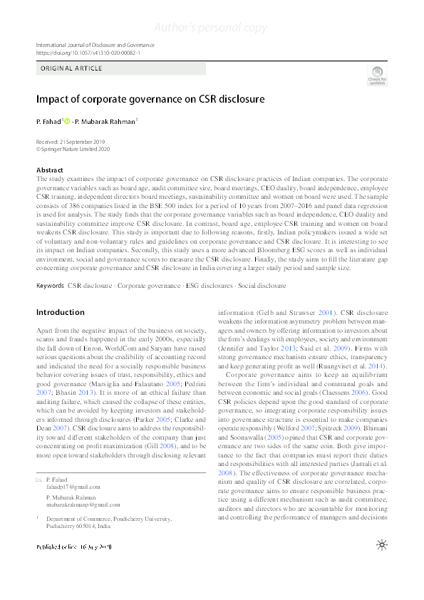 (PDF) Impact of corporate governance on CSR disclosure