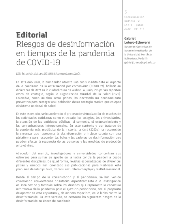 (PDF) Riesgos de desinformación en tiempos de la pandemia de COVID-19
