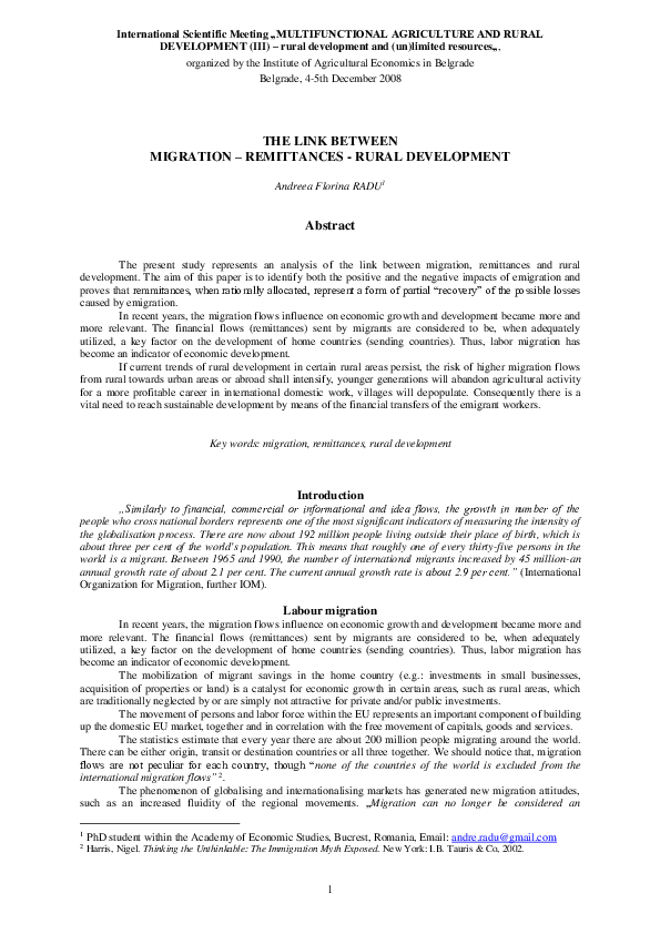 (PDF) The link between migration – remittances - rural development