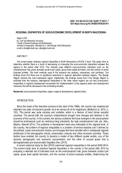 (PDF) REGIONAL DISPARITIES OF SOCIO-ECONOMIC DEVELOPMENT IN NORTH MACEDONIA