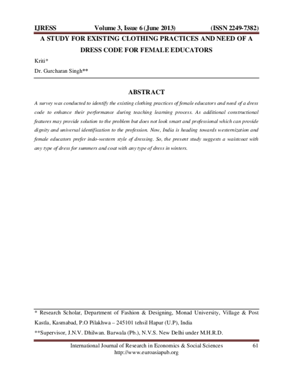 (PDF) A STUDY FOR EXISTING CLOTHING PRACTICES AND NEED OF A DRESS CODE ...