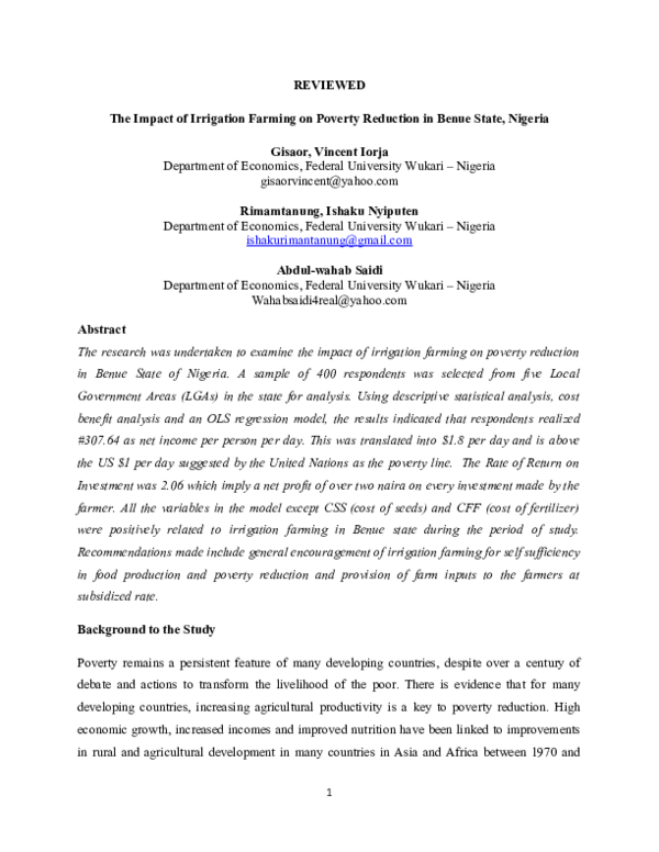 (DOC) The Impact of Irrigation Farming on Poverty Reduction in Benue ...