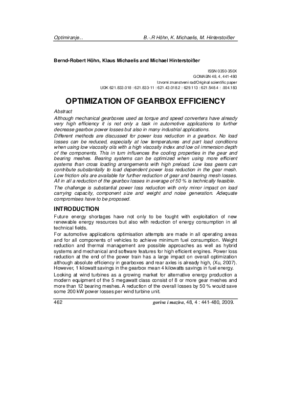 Pdf Optimization Of Gearbox Efficiency