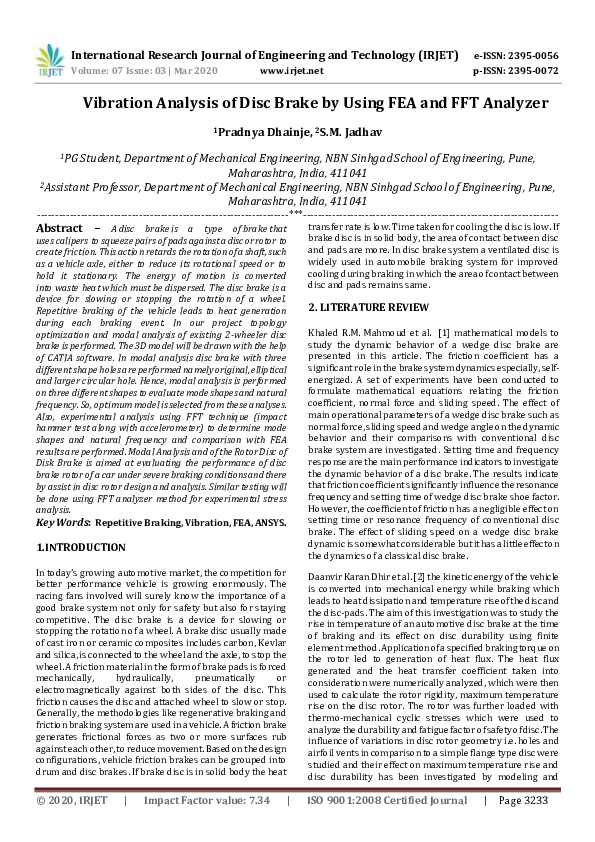 (PDF) IRJET- Vibration Analysis of Disc Brake by Using FEA and FFT Analyzer