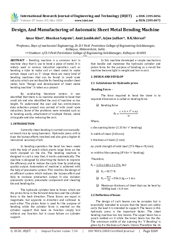 (PDF) IRJET Design, And Manufacturing of Automatic Sheet Metal Bending
